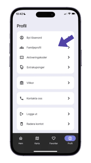 Profilinställningar i Restaurangchansens app med en pil som pekar mot familjeprofilinställningarna.